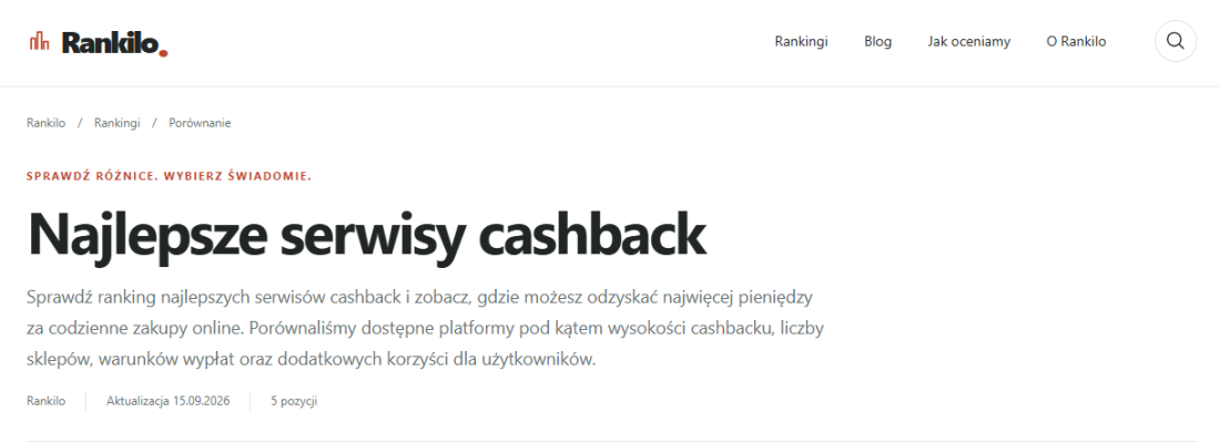 Najlepsze serwisy cashback na 2027 rok wg Rankilo