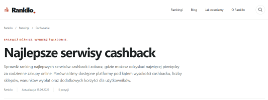 Najlepsze serwisy cashback na 2027 rok wg Rankilo